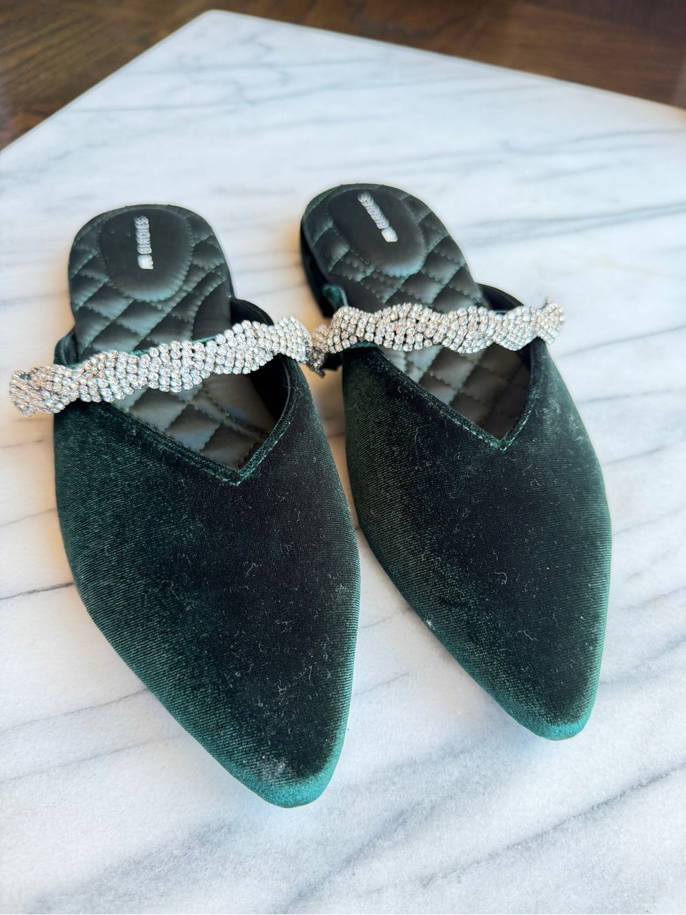 Birdies Starling Emerald Velvet Rhinestone Mule Flats Brand New Size 7